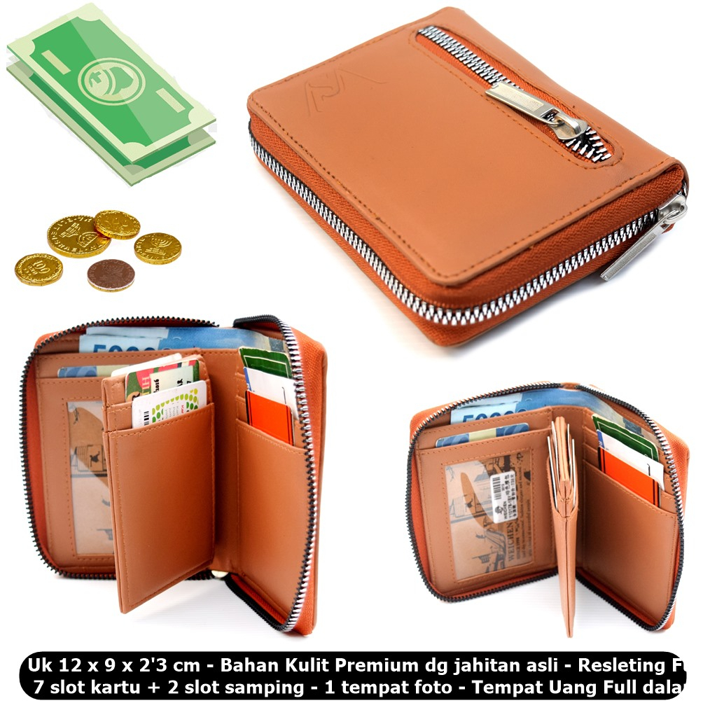 Dompet Saku Kulit Kartu Pria Resleting Silver Geme Stand