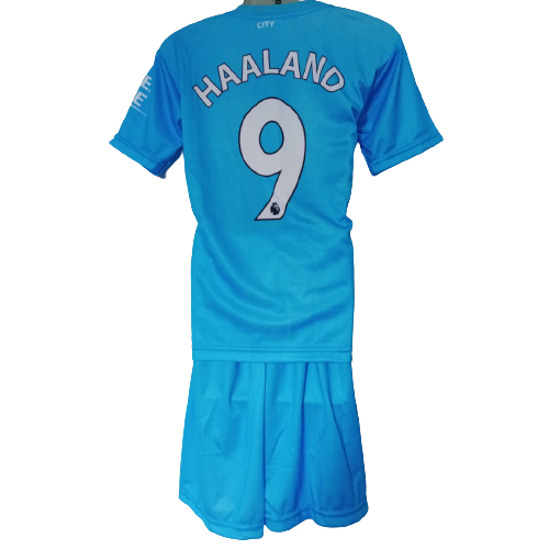 Kaos sepak bola anak jersey soccer baju dan celana setelan t-shirt outfit football seragam kostum olahraga pakaian apparel multi sports manchester city haaland biru