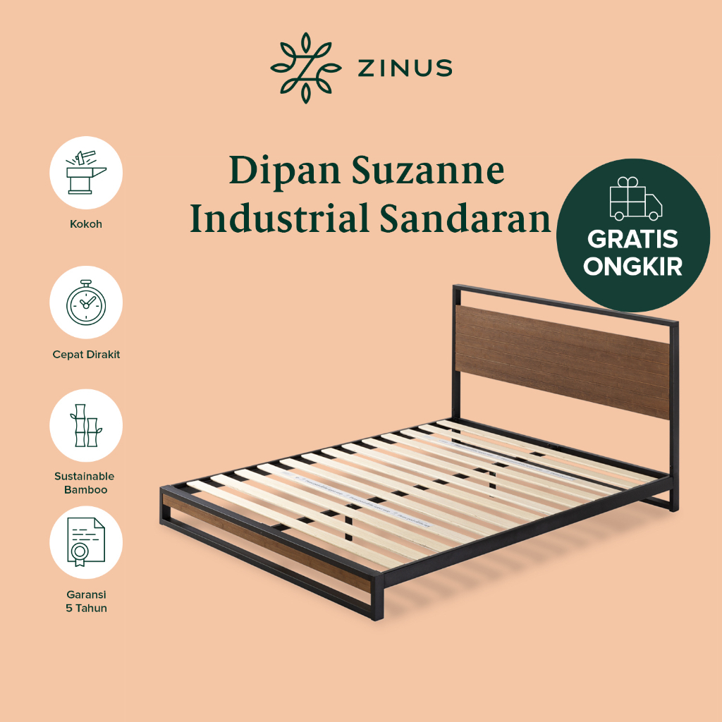 Dipan Tempat Tidur Minimalis Zinus Suzanne Sandaran Ranjang Besi dan Kayu Bed In a Box