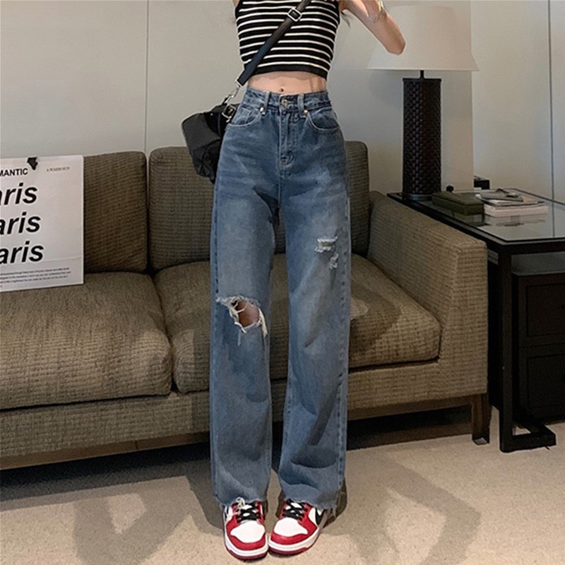 Celana Wanita Kekinian Korean Style Denim Straight High Waist Jeans Longgar Pinggang Pants Wanita