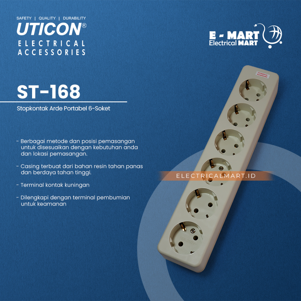 Uticon Stop Kontak 6 Lubang ST-168 / Stop Kontak Kabel Olor Terminal Kuningan GROSIR