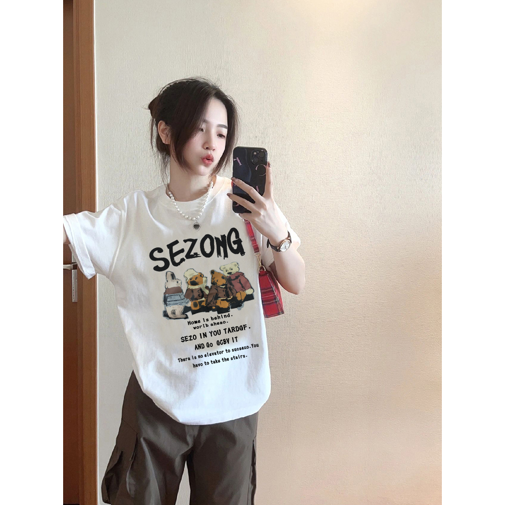 EUNII T-shirt Lengan Pendek Cartoon Sezong Printing Korean Style/Kaos Atasan Wanita/Baju Kaus Oversize Wanita/Kaos Wanita