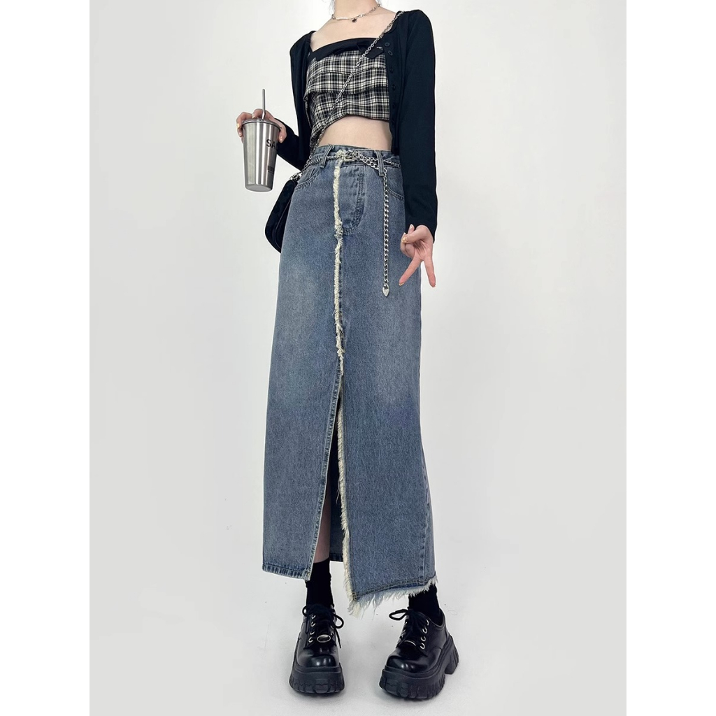 Rok Belahan Denim Raw Edge Retro Untuk Wanita Korea