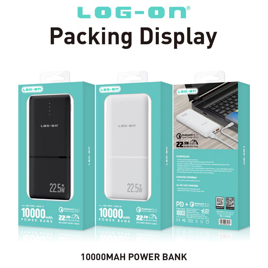 LOG ON POWERBANK HULK III JGO-300H  22.5W 10.000mAh (INCLUDED MICRO CABLE GROSIR BY.SULTAN ROXY