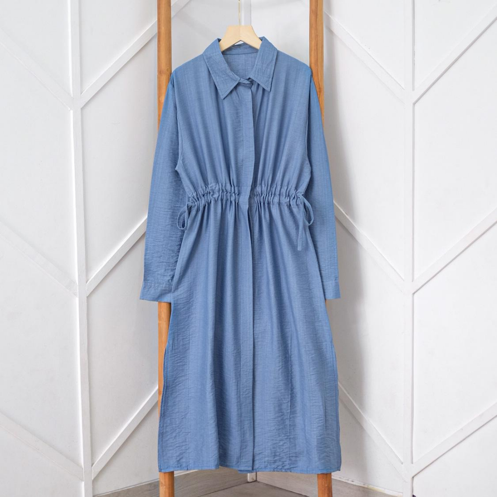 Serina Midi Dress - Midi Dress Muslim - Midi Dress Korea - Polo Linen Ld 110cm Kerah Kemeja Tali Serut Aktif Kancing Depan