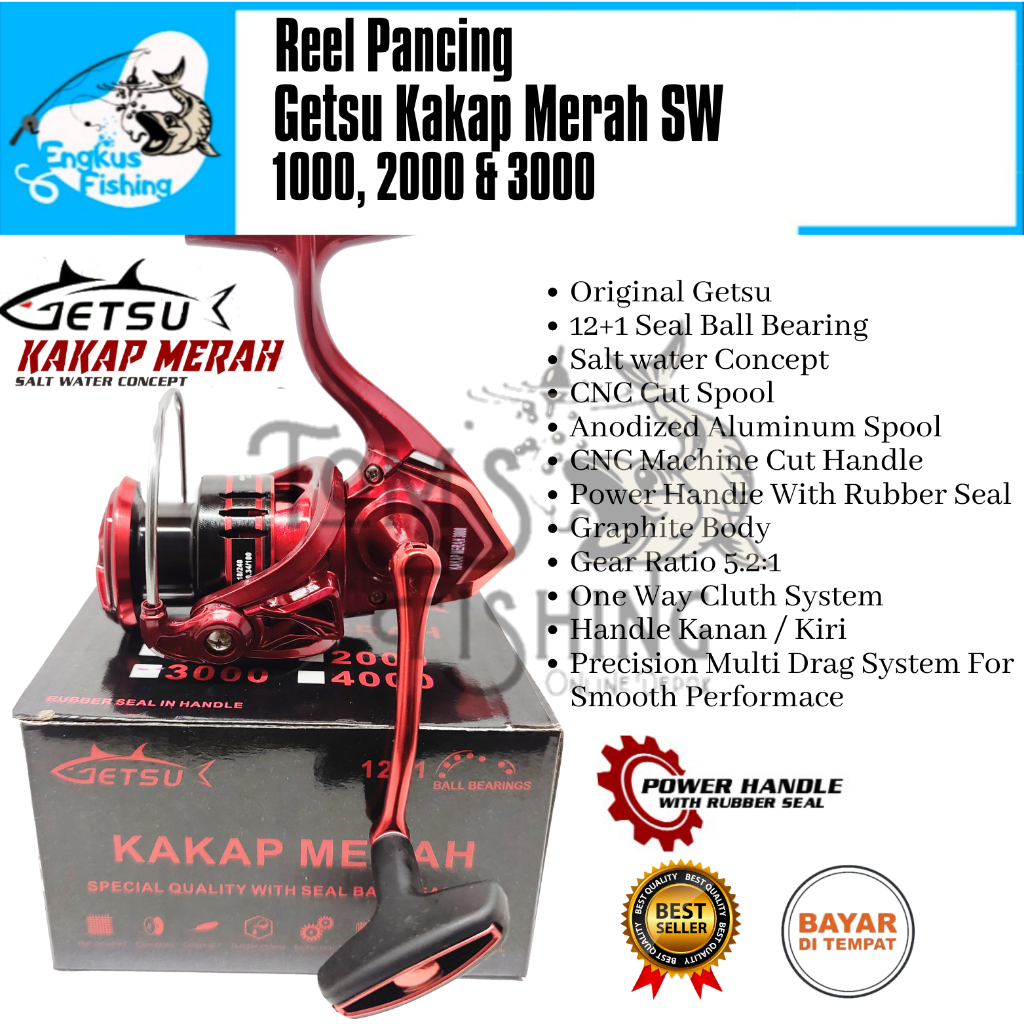 Reel Pancing Getsu Kakap Merah 1000 - 3000 (12+1 Bearing) Seal bearing Power Handle - Engkus Fishing