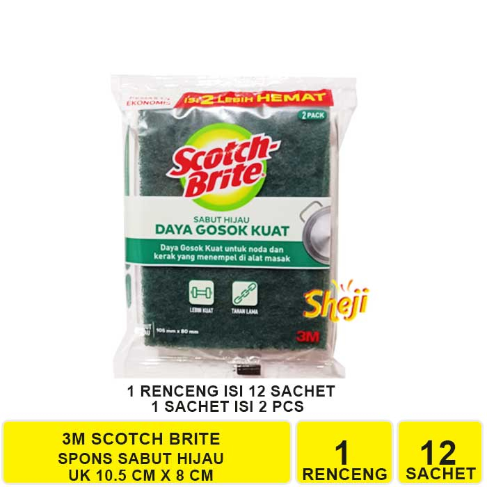 1 RENCENG ISI 12 SACHET 3M SCOTCH BRITE SPONS HIJAU