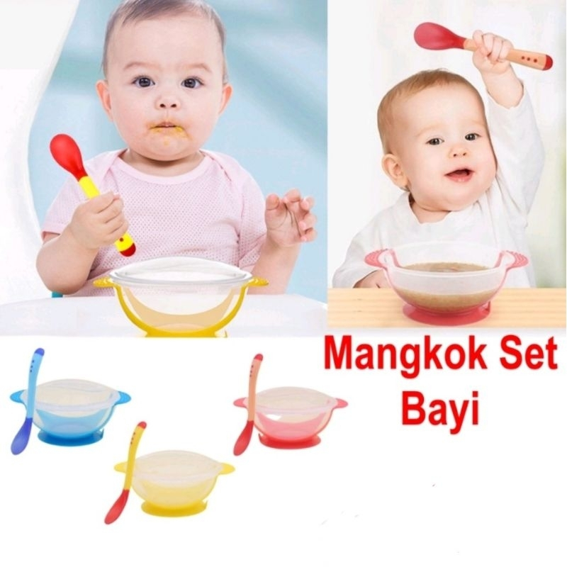 JT - Mangkok + Sendok + Tutup Mangkok Makan Bayi Sensor Panas Mangkuk Tempat Makan Bayi Anti Tumpah Suction Bowl Anti Slip