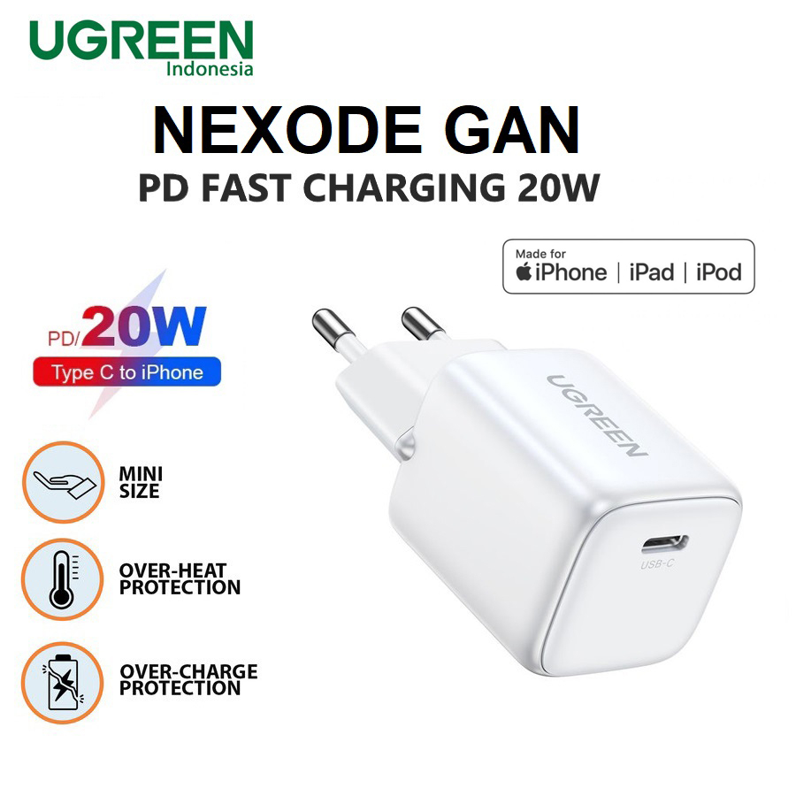 UGREEN ORIGINAL Adaptor Charger Type C NEXODE GAN 20W 3A Kepala Adapter Casan MFI Made for Iphone 11