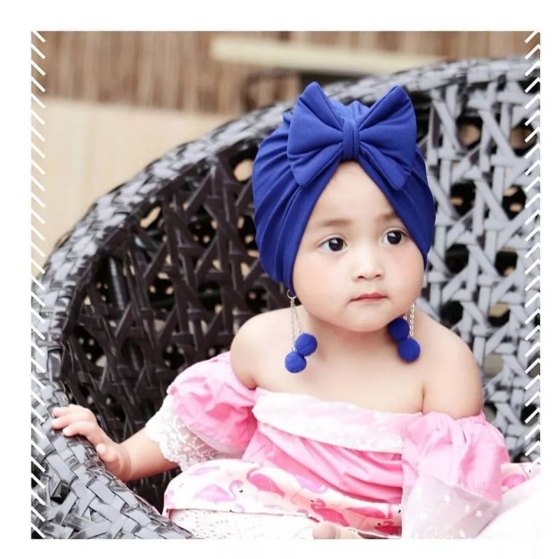 TURBAN BAYI perempuan pita anting DOUBLE POMPOM lucu / ciput baby newborn topi bayi cewek jersey