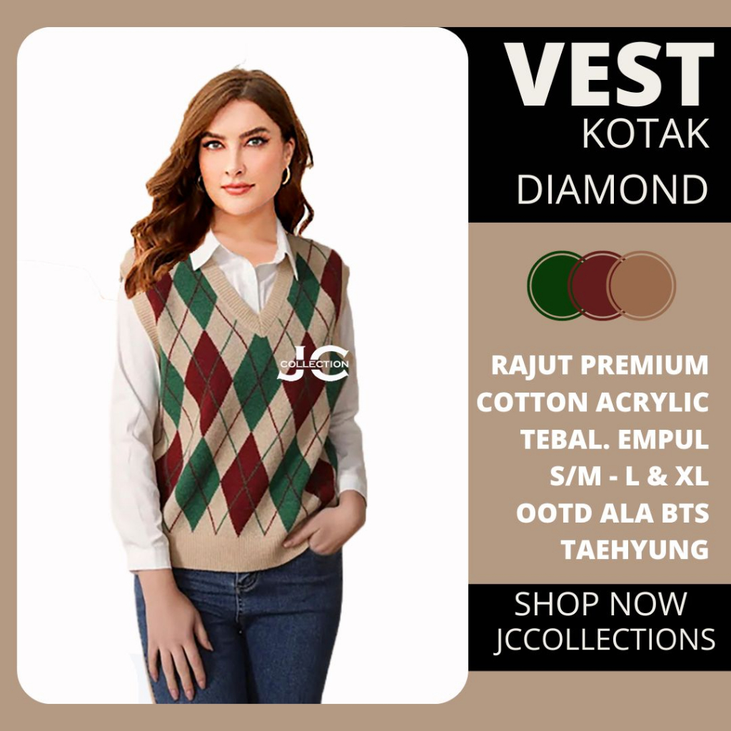 Vest Rajut Premium Sido OVERSIZE / Knit Vest Vneck Rompi Rajut Diamond Big Size JCCollections / Rompi Cewek Kotak