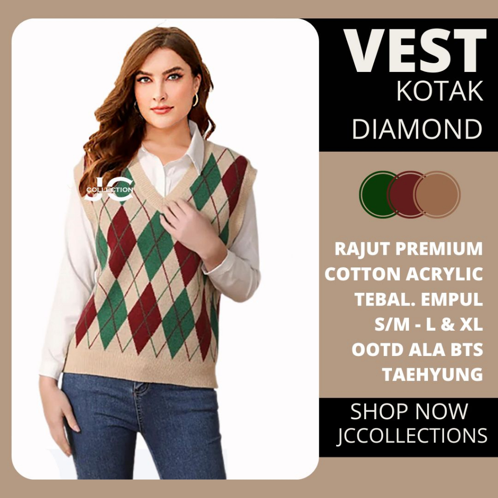 Vest Rajut Premium Sido OVERSIZE / Knit Vest Vneck Rompi Rajut Diamond Big Size JCCollections / Rompi Cewek Kotak