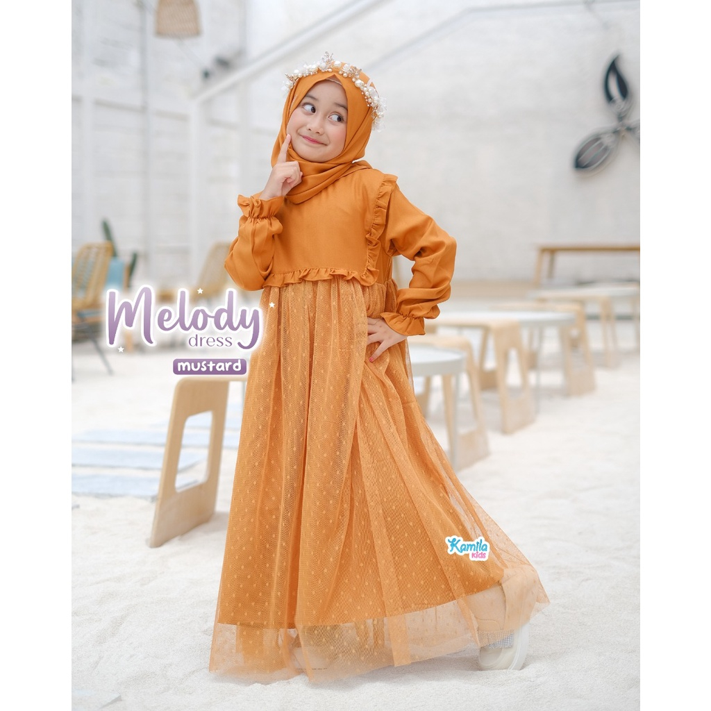 Brukat Anak Gaun Perempuan Melody Kids Gamis Muslim Anak Perempuan Set Hijab Koleksi Terbaru 2023 Baju Brokat Tille Simple Elagan Gamis Wanita