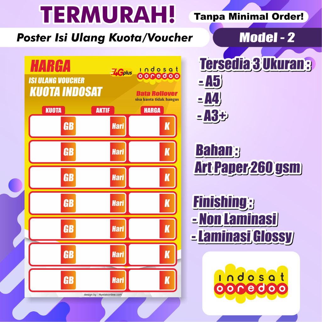 Poster Konter Daftar Harga Paket Data / Voucher /poster paket data konter / Daftar Harga Voucher Mur