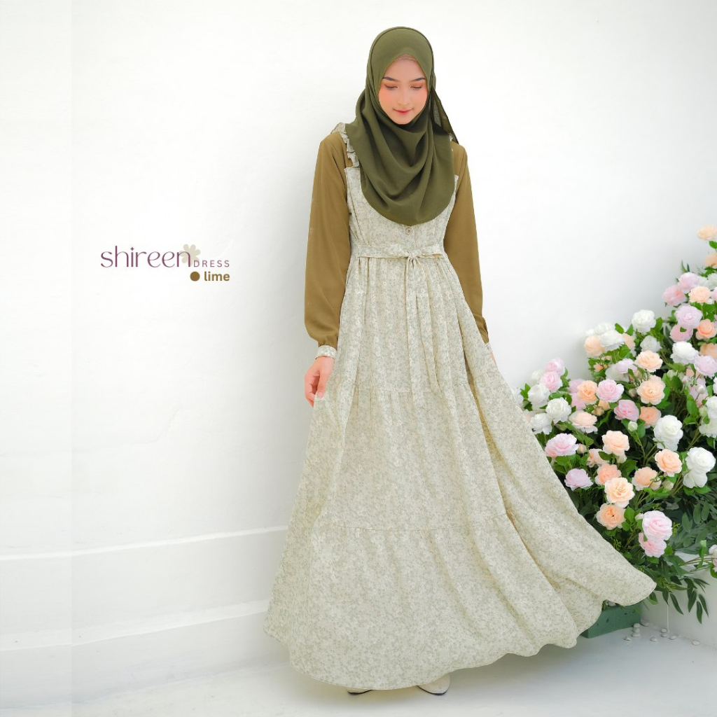 Riskirich Shireen Dress Vol 5.0 Gamis Remaja Overall Menyatu Motif Bunga Kiyowo Look Korea Style