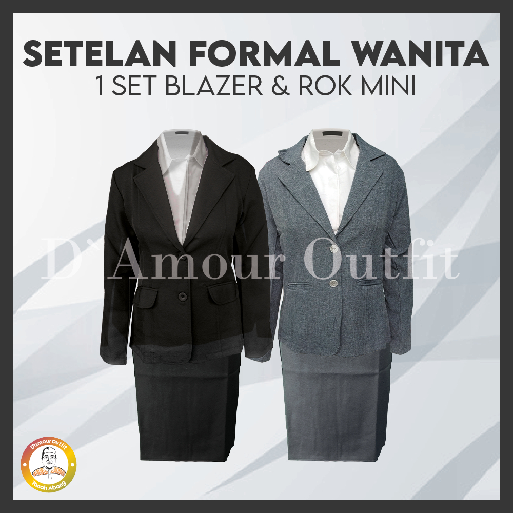 One Set Setelan Jas Blazer Rok Span Mini Pendek Wanita Stelan Jas Kerja Kantor Cewe Polos Dewasa Anak Jaket Blezer Kancing Cewek Pakaian Formal Kantoran Dasar Hitam Abu Celana Panjang Line A Rempel Jumbo Big Size Rompi Cardigan Kain Outer Perempuan Korea