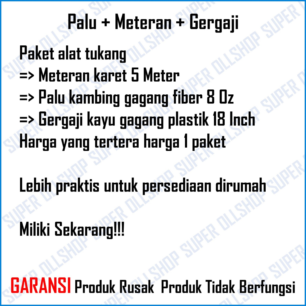 Paket Alat Tukang Palu Kambing Fiber 8 Oz Gergaji Kayu Termurah Meteran Karet 5 Meter