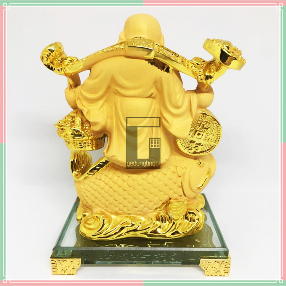 Patung Pajangan Hiasan Miniatur Dewa Budha Buddha Julaihut Julaihud Maitreya Matreiya Matreya Milefo Tertawa Ikan Koi Mas Koki Fengshui Feng Shui Hok Rejeki Yenpao Yuanbao Kantong Duit Coin Koin Uang Emas Gold Kuno Cina Hio Meja Altar Sembahyang Sembayang