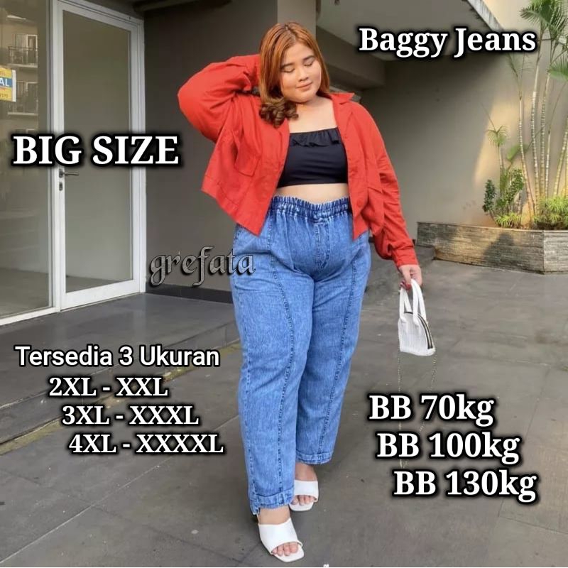 Celana Panjang Baggy Pants Jeans Wanita Big Size Xxl 3xl 4xl bb 70kg bb 100kg bb 130kg // Baggy Jeans Wanita High Waist Super Jumbo Warna Snow Jeans Hitam Dan Biru / Celana Jeans Wanita Pinggang Karet Jumbo / Boyfriend Jeans Big Size / Grefata