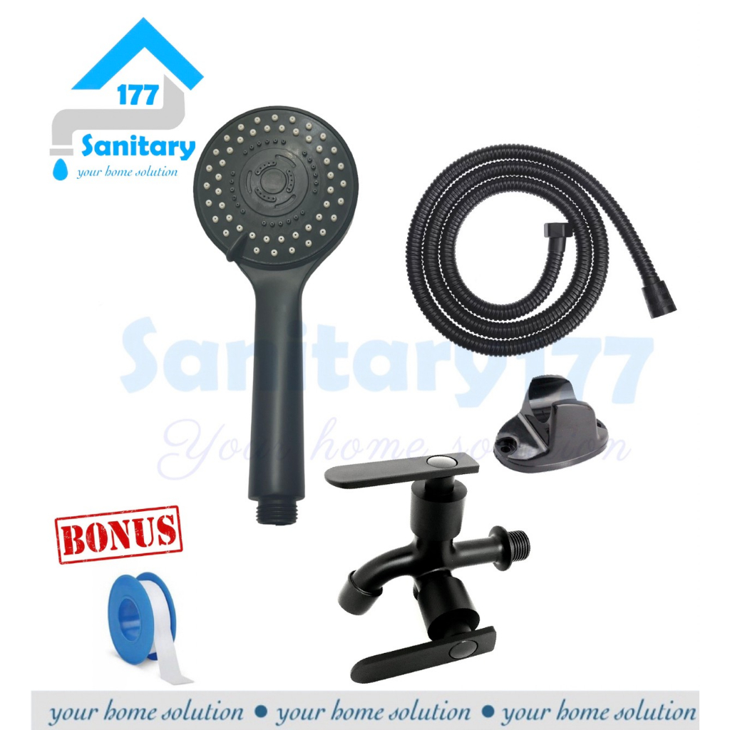 Paket Hand shower 3in1 HITAM 3088 dan kran cabang black - Handshower mandi complete set semprotan keran stainles