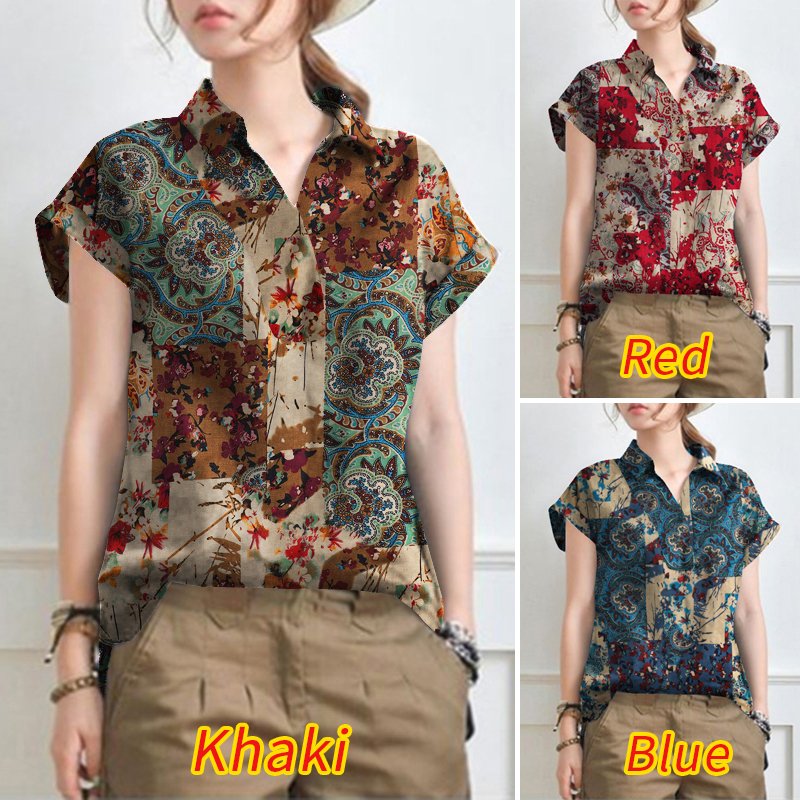 ZANZEA Women Short Sleeve Vintage Printing Turn-Down-Collar Blouse