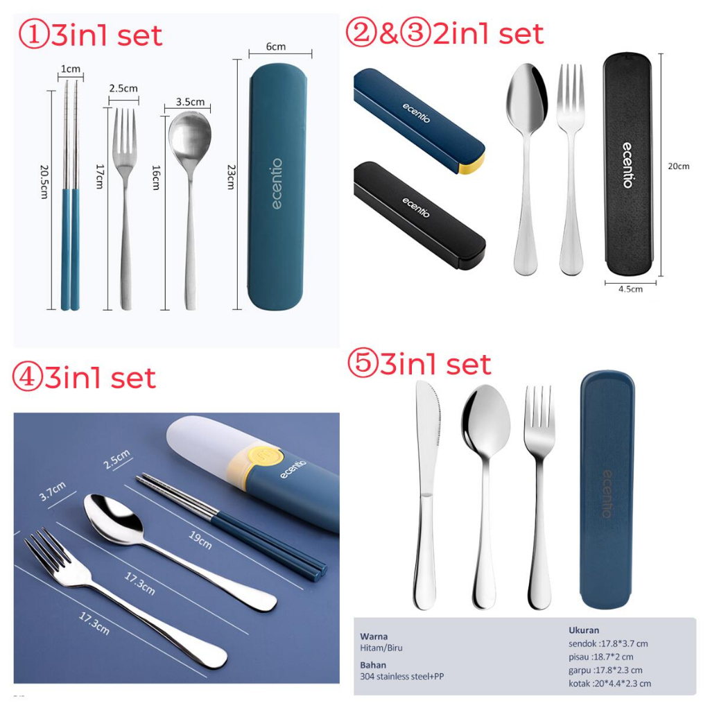 ecentio Stainless Steel Set /Alat Makan Set  Sendok Garpu set /Makan Dengan Sumpit Spoon Fork Pisau/Cutlery/Kotak peralatan makan/portabel