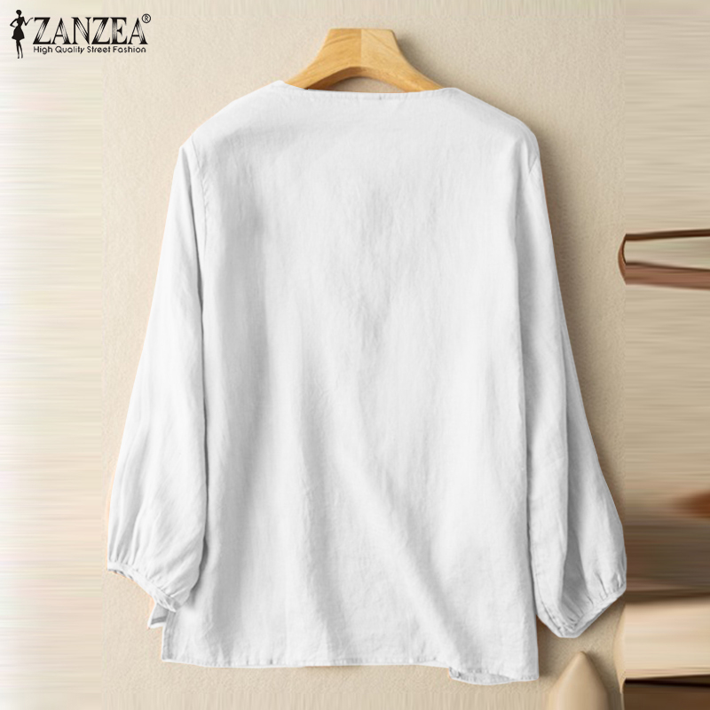 ZANZEA Women Casual Solid Round Neck Long Sleeve Side Slit Loose Half Buttons Shirt