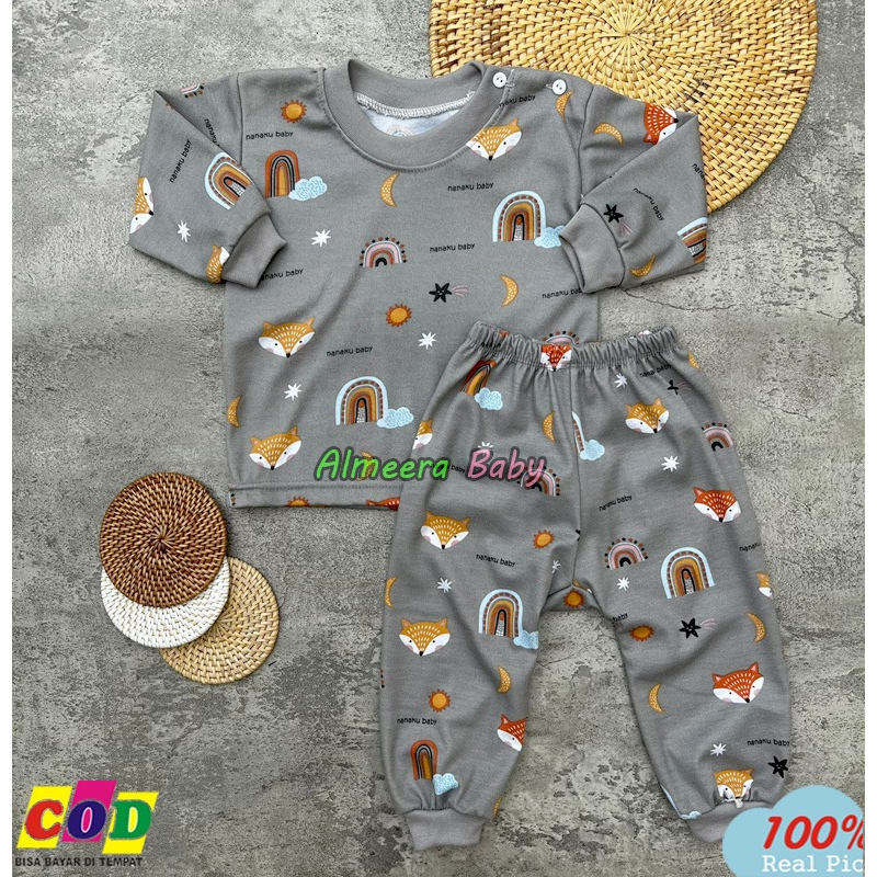 Setelan Baju Bayi Piyama Bayi Lengan Panjang Kancing Pundak Motif Printing Pelangi Usia 3-12 Bulan Almeera Baby and Kids