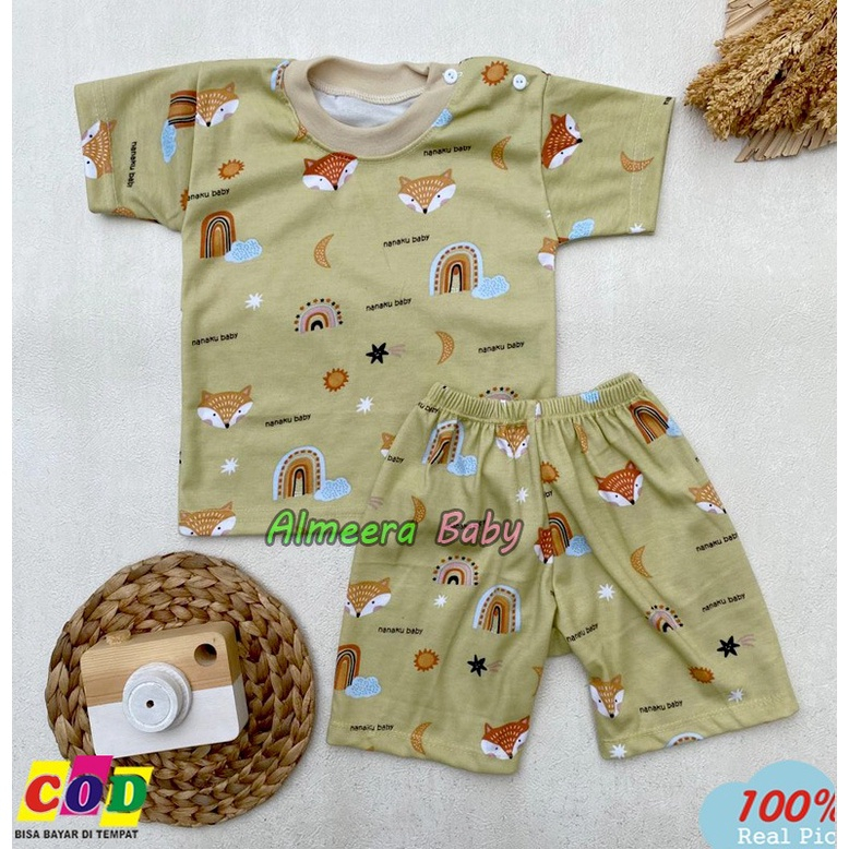 Setelan Baju Bayi Piyama Lengan Pendek Kancing Pundak Motif Printing Pelangi Usia 3-12 Bulan Almeera Baby and Kids