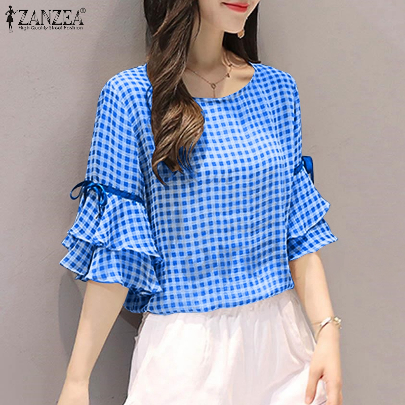 ZANZEA Women Korean Ruffled Hem Sleeved Casual Loose Grid Printed Blouse