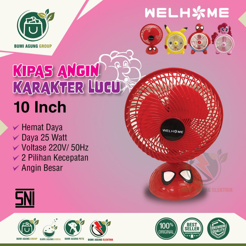 Kipas meja WELHOME Karakter  Portable Mini 10 inch Kipas Dinding Tembok Spiderman Hello Kitty Doraemon SNI