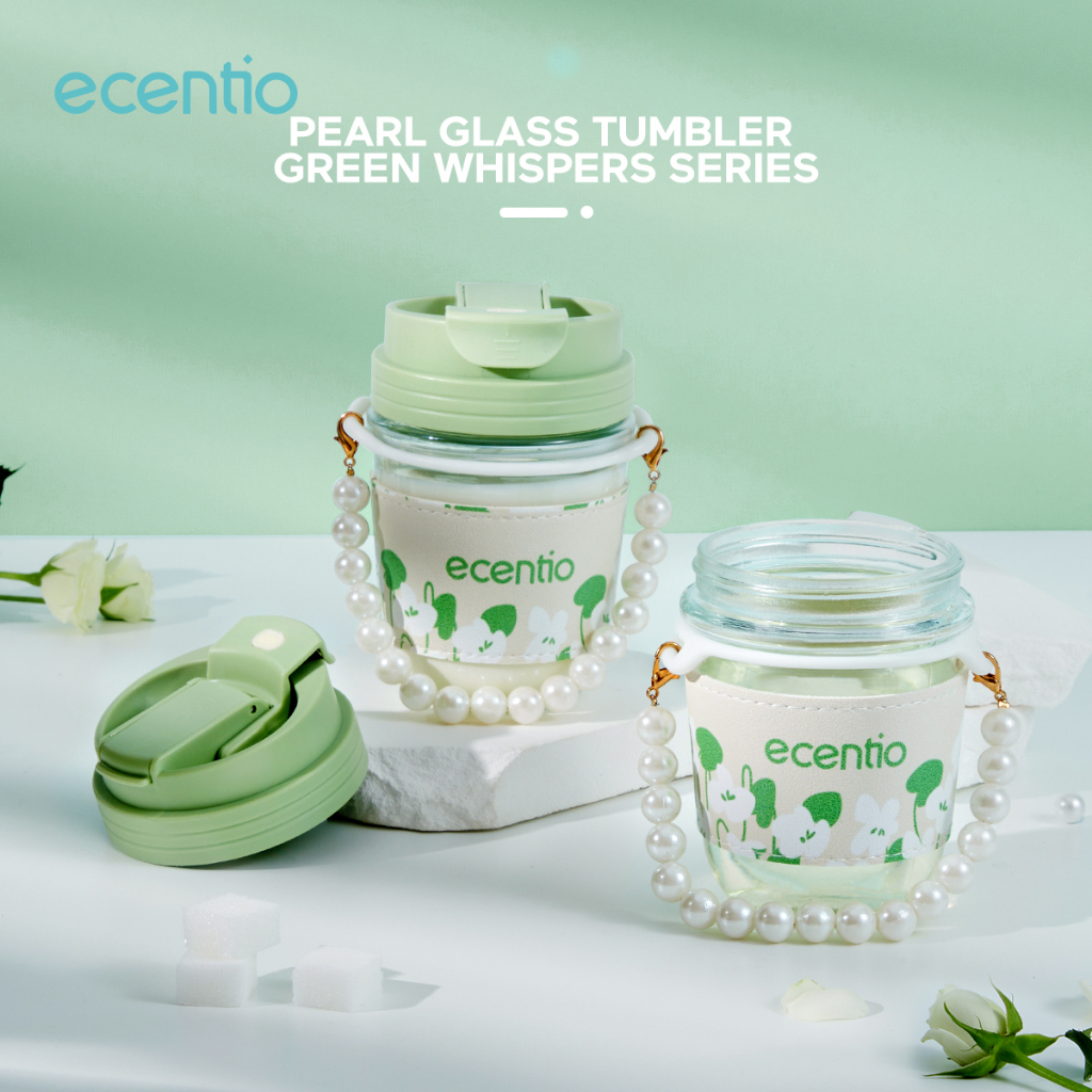 ecentio Gelas tumbler aesthetic Dengan Strap Mutiara / Gelas Minum Kaca Simple Elegan Water Bottle Cup For Coffee / Gelas 350ml