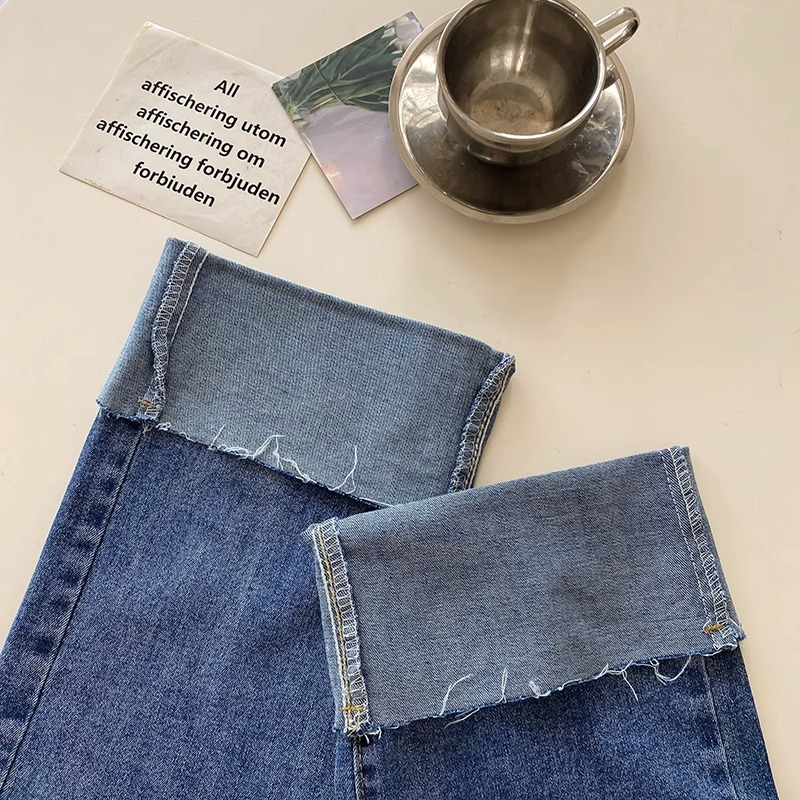 Kekinian Korea Highwaist Lurus Jeans Wanita Celana Kaki Digulung