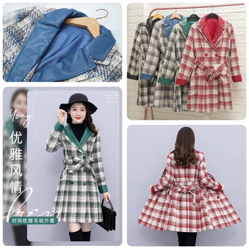OUTER MIDI COAT WANITA BAHAN TWEED KOTAK PREMIUM