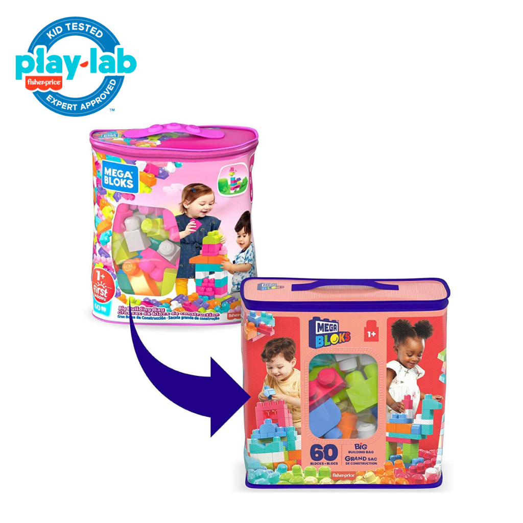Mega Bloks Big Building Bag Pink (60 Pieces) -  Mainan Balok Susun Edukasi Anak Balita