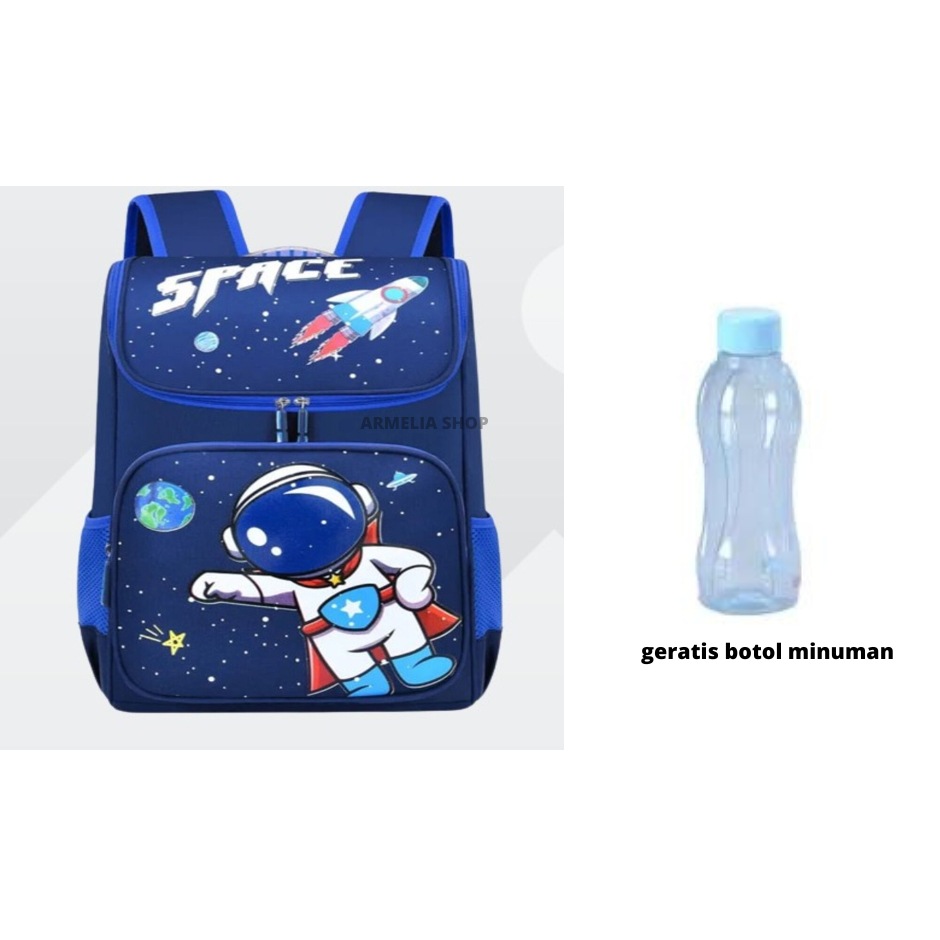 ARMELIA SHOP Tas sekolah anak laki laki astronot tas ransel untuk anak SD SMP FREE botol minuman untuk tas