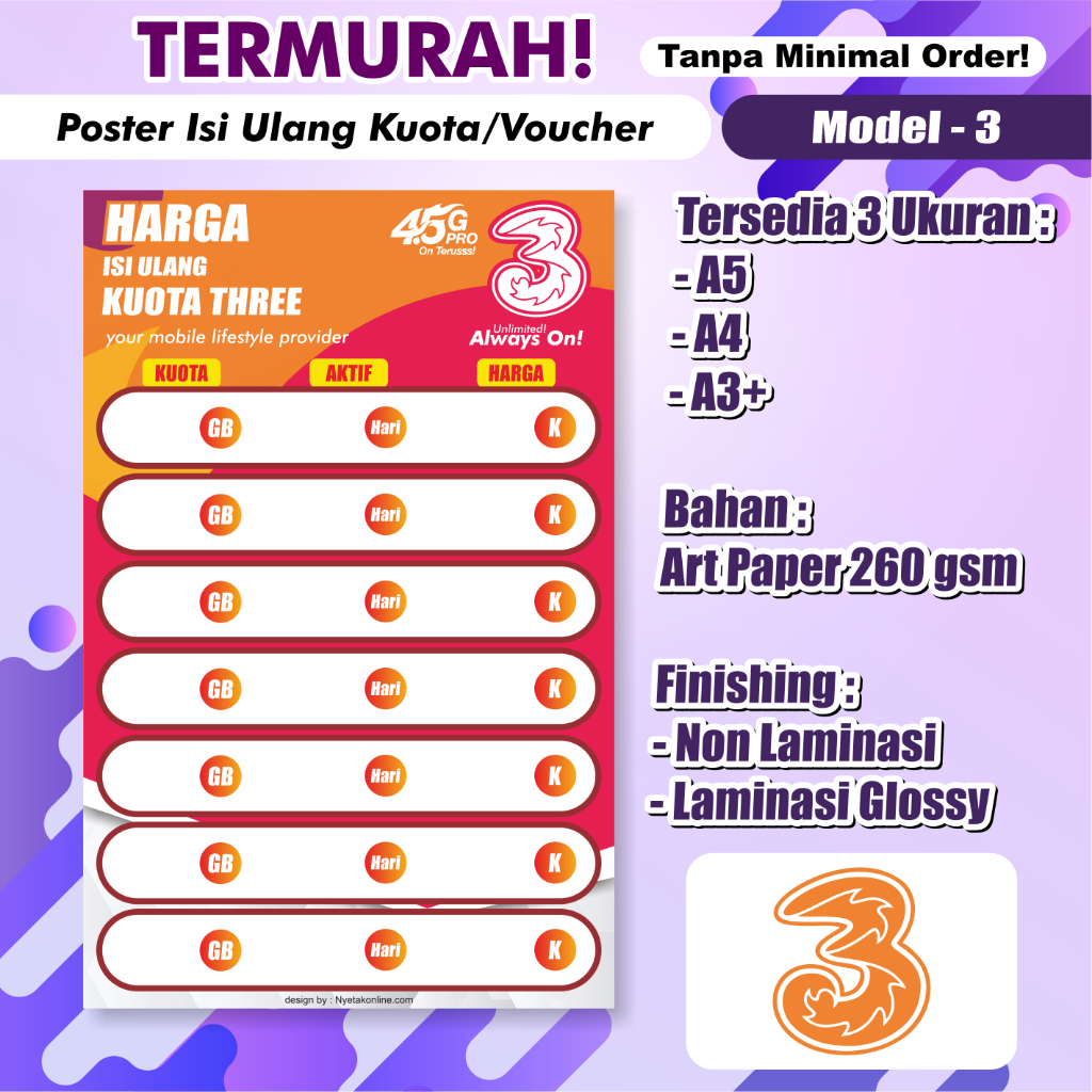 

Poster Konter Daftar Harga Paket Data / Voucher /poster paket data konter / Daftar Harga Voucher Murah [THREE AM-03]