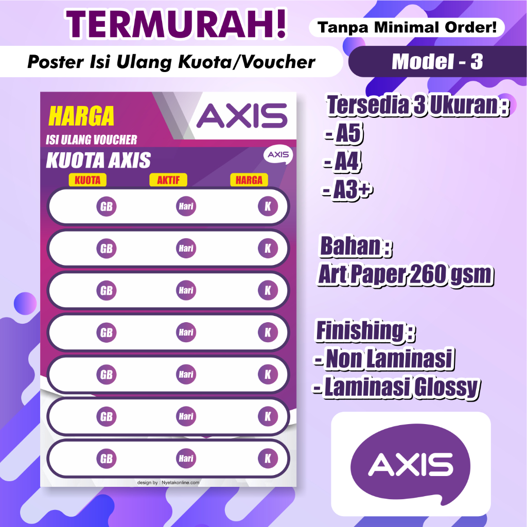 

Poster Konter Daftar Harga Paket Data / Voucher /poster paket data konter / Daftar Harga Voucher Murah [AXIS AM-03]