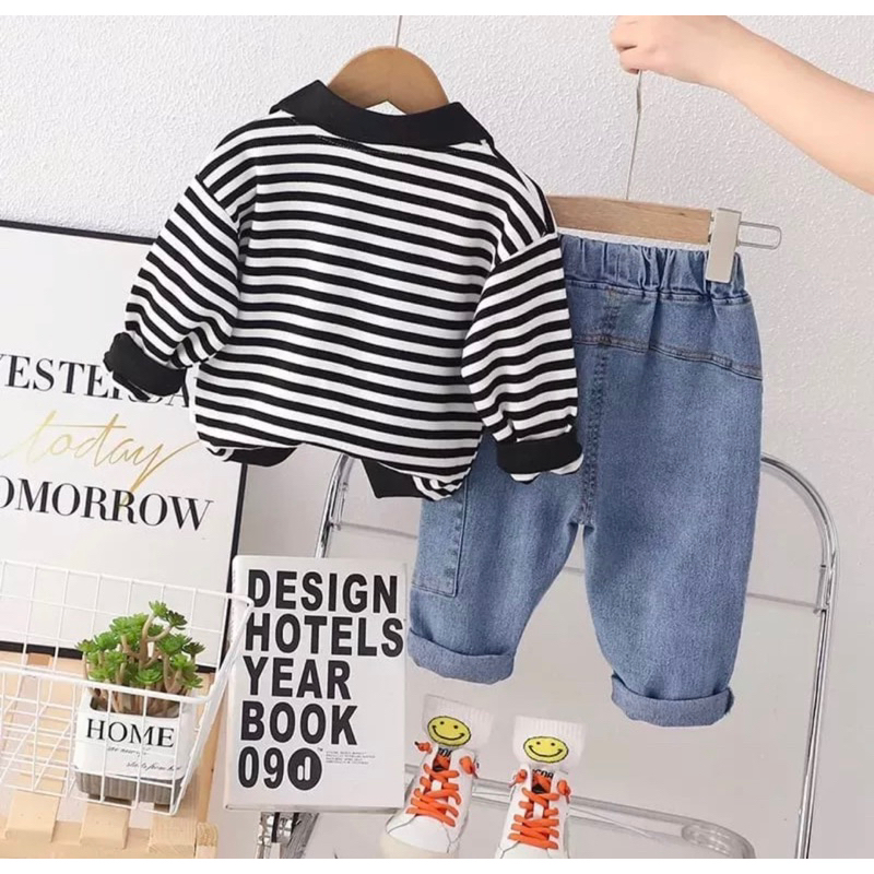kaos kerah panjang dan celana denim panjang anak salur 1-5 tahun grosir ardan baju anak