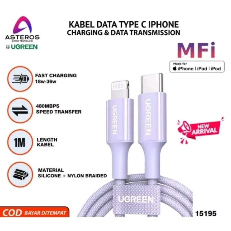 Ugreen USB C to Lightning MFi for iPhone 14 13 12 11 8 X XR XS Max - Ugreen Kabel Nylon / Silikon Lightning Original