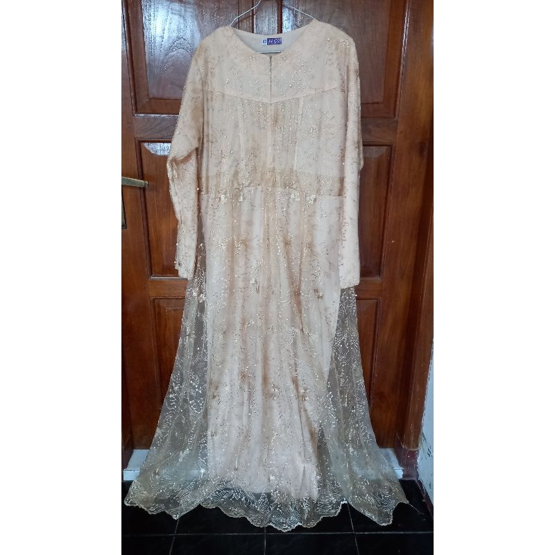 Gamis Dress Panjang Pesta Brokat Brukat Tile Cream Ada Tali