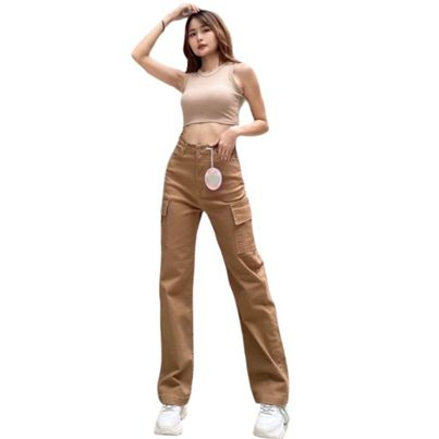 Celana Cargo Jeans Wanita Highwaist Kantong Kimpul 2 Warna choco Cream