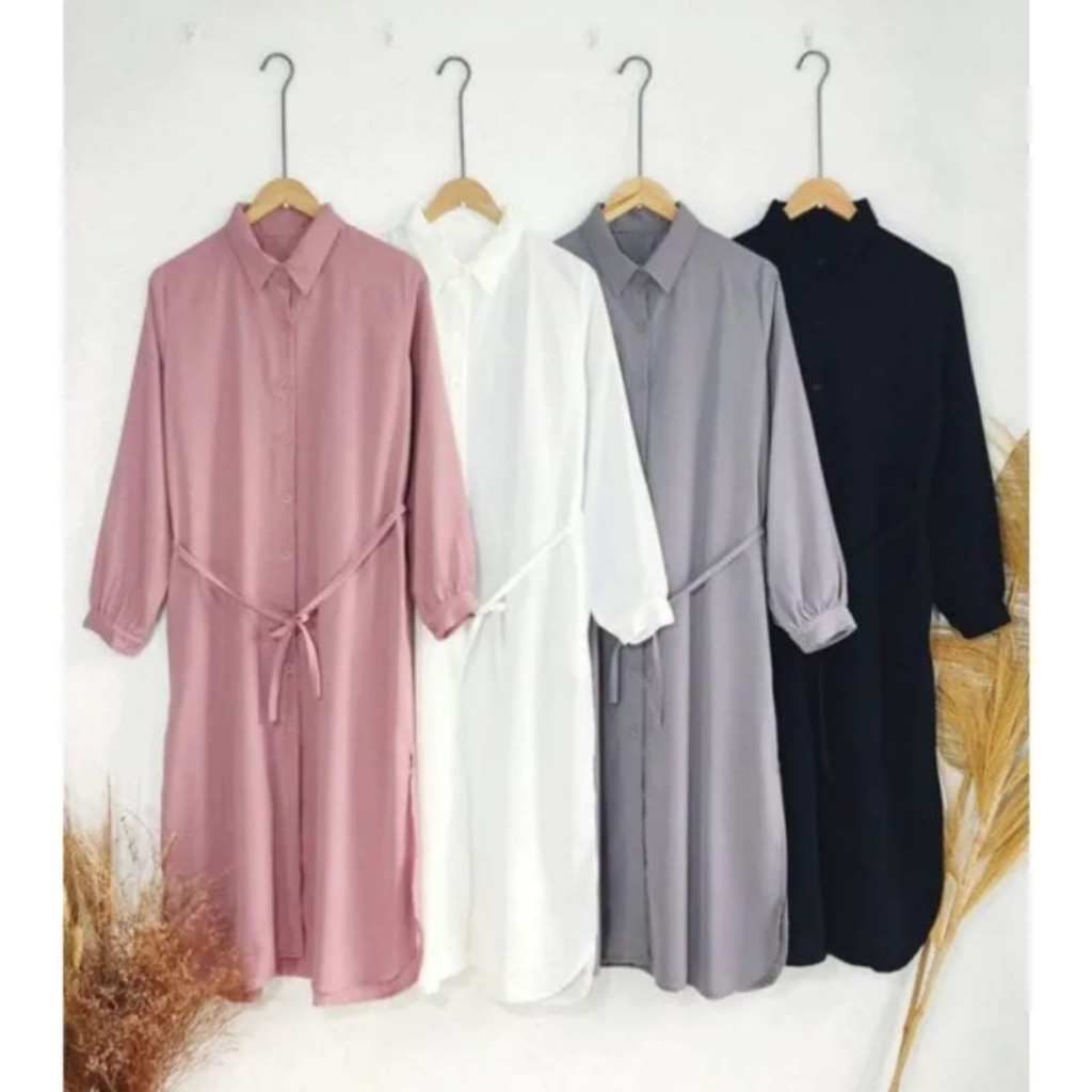 Tunik Basic Crinkle Airflow Wanita Muslim Polos Kancing Jumbo Panjang Bawah Lutut Kekinian Terbaru B