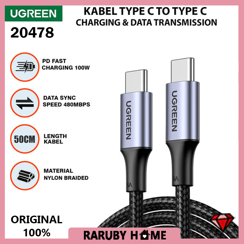 UGREEN Kabel Charger Pendek Powerbank USB Type C To Type C PD 100W Cable Data Fast Charging Transfer