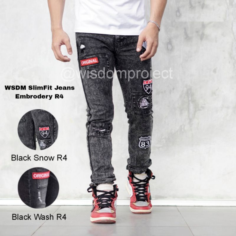 Embrodery Wisdom - Denim Pants Slimfit Full Patch Bordir Strech - Celana Jeans Biker Bordir - premium