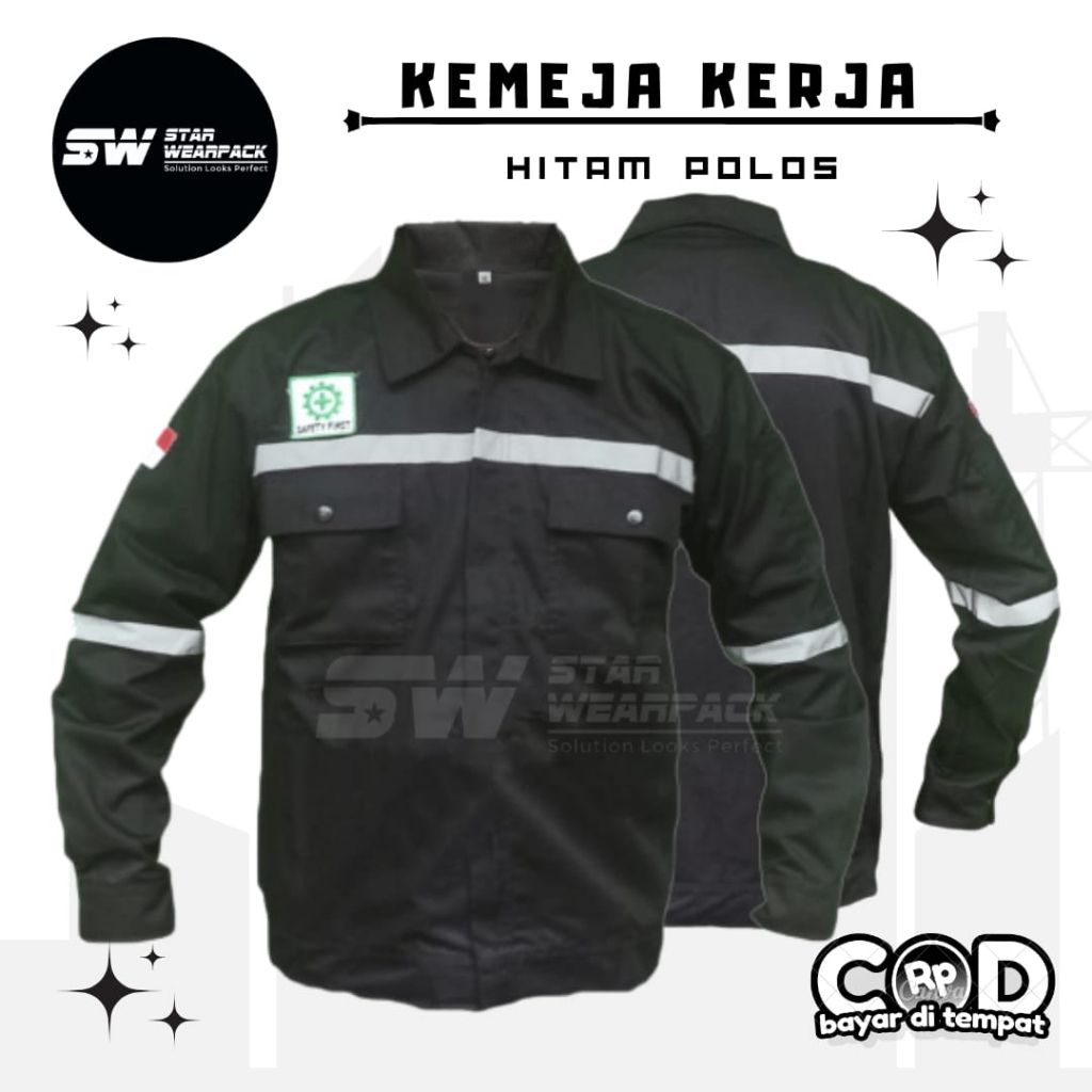 Star Wearpack - Seragam Kerja Proyek Resleting Lengan Panjang Warna Hitam Polos