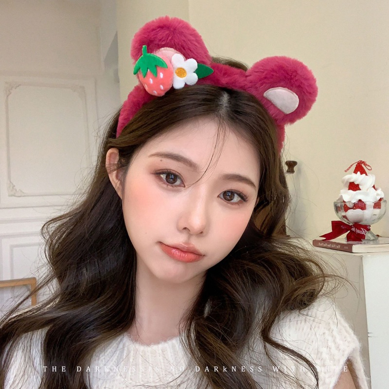 Delunashop Bando Karakter Telinga Bear lasto Lucu Korea Headband Bandana Ikat Kepala Cuci Muka Wanita Beruang Stroberi Mewah Ikat Kepala Jepit Rambut Import Lucu Hiasan Kepala