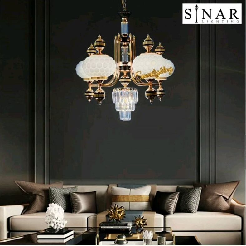 Lampu hias gantung cabang gold modern kristal 17560/5+1