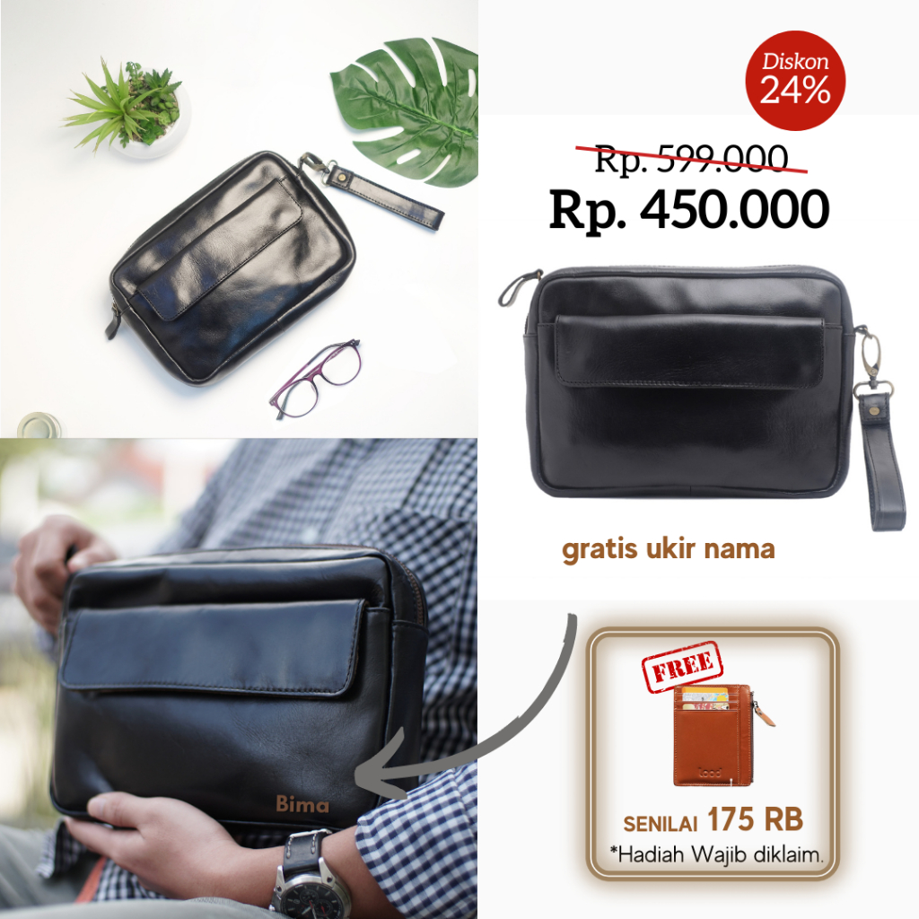 CLUTCH HANDBAG POUCH PRIA KULIT ASLI ORIGINAL 100% PREMIUM TAS TANGAN ROVI   - GRATIS UKIR NAMA