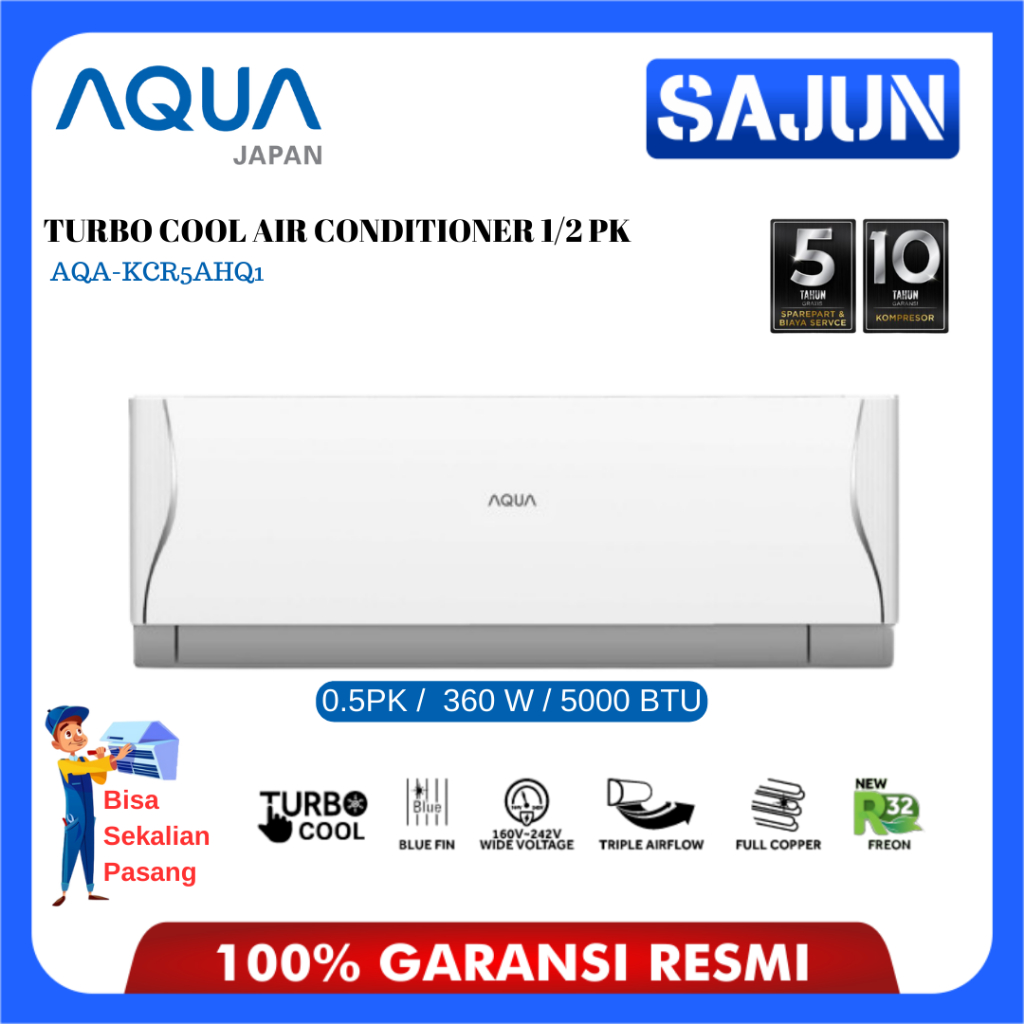 FREE ONGKIR AQUA AC Split 0.5 PK AQA-KCR5AHQ1 Turbo Cool Air Conditioner AC 1/2 PK